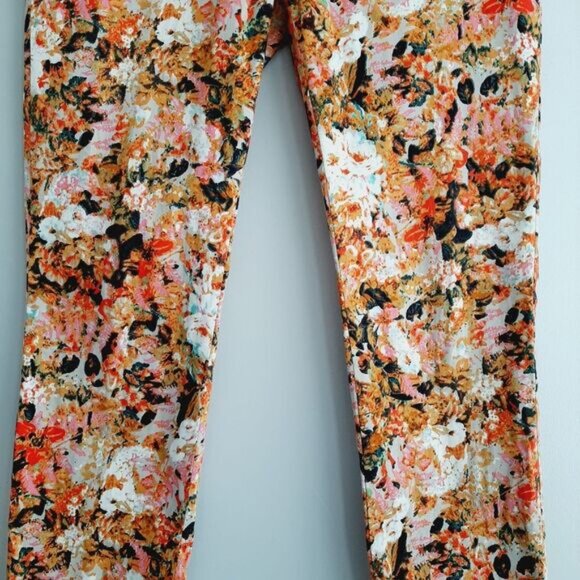 LINEA DOMANI / Crop Ankle Pants Abstract Multicolor Floral Tan Red Pink White 4 - Picture 3 of 15